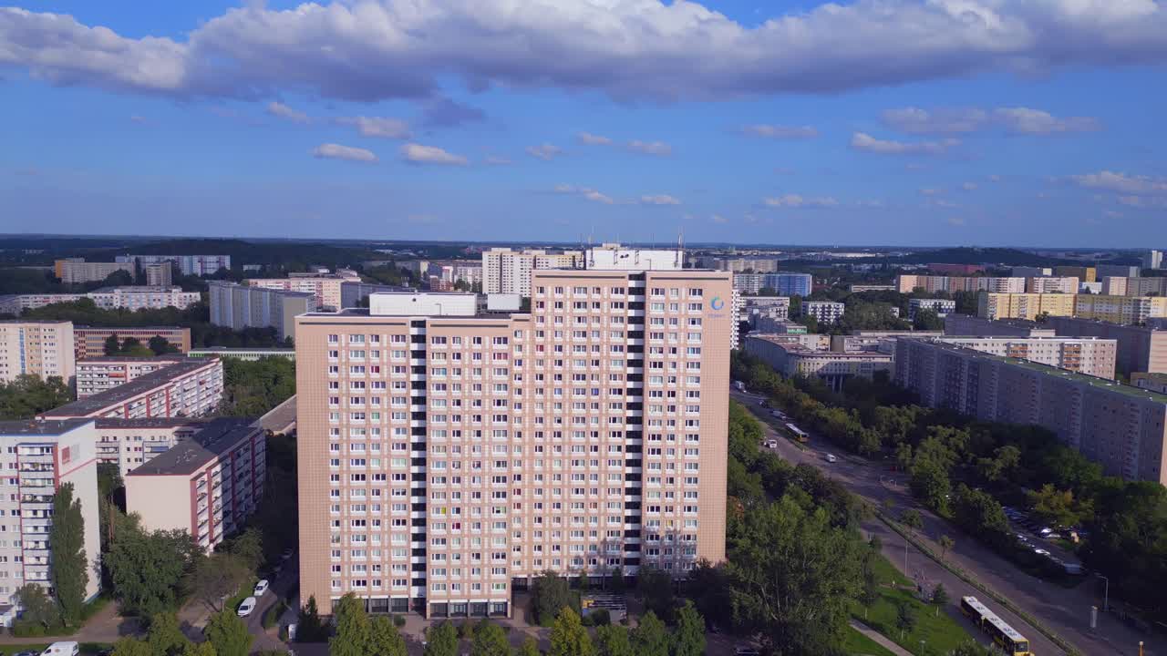 Beautiful aerial top view flight Large panel system building Apartment, prefabricated housing complex, Berlin Marzahn East German summer 2023