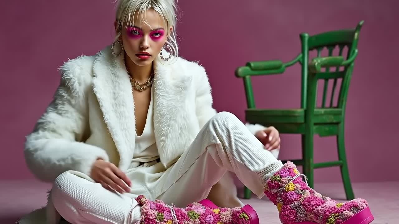 A woman sitting on the ground in a white fur coat and pink boots