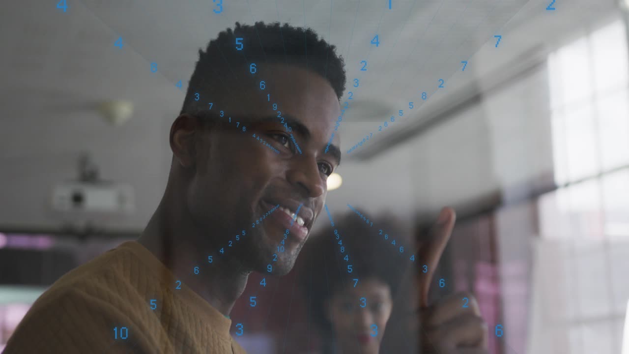 Man turning to woman, smiling and starting business meeting with blue overlay on glass partition