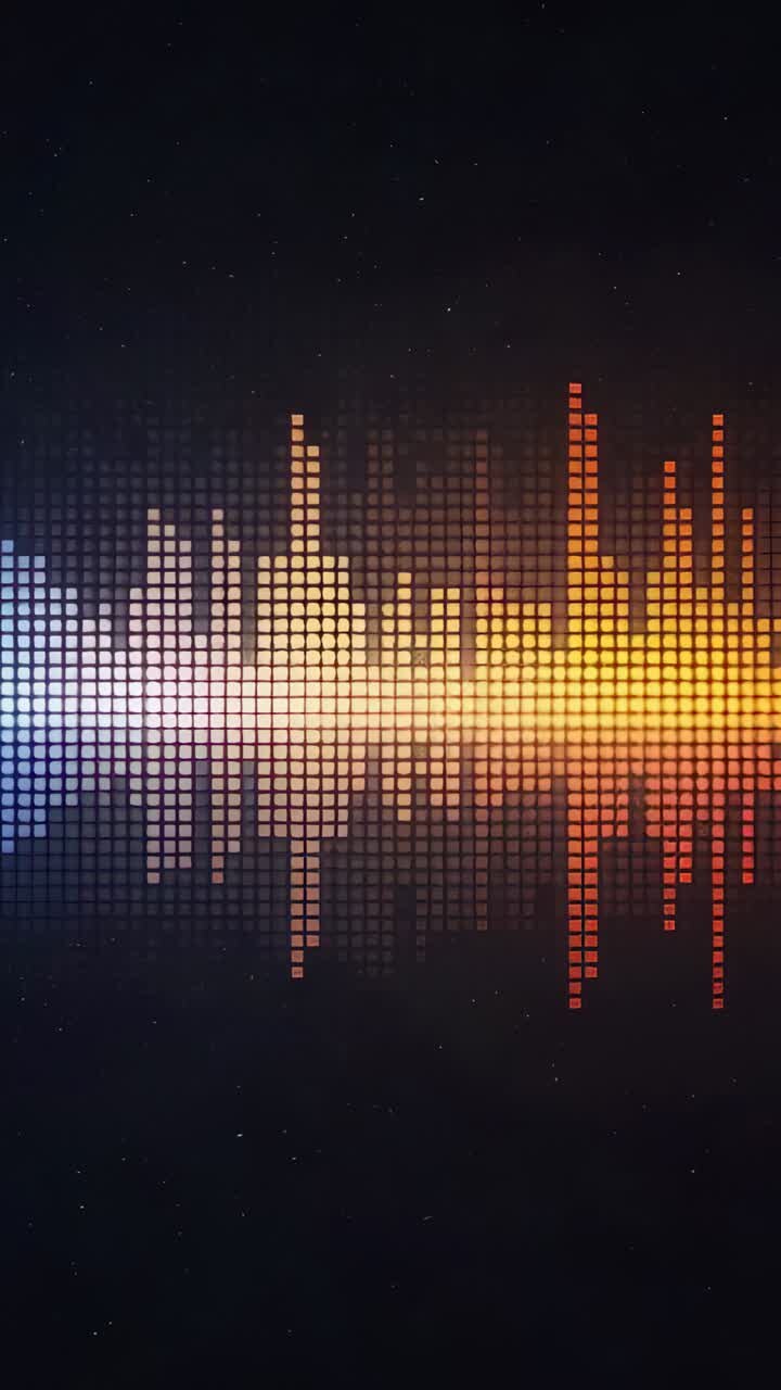 Vertical video: Responding to input signal, animated waveform band oscillating on dark pixel grid