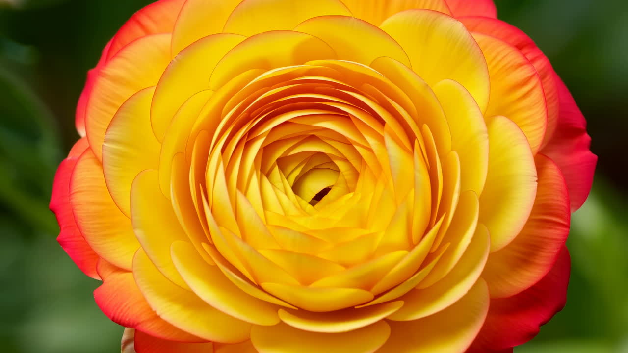Primo piano di un vivace fiore di ranuncolo giallo e rosso