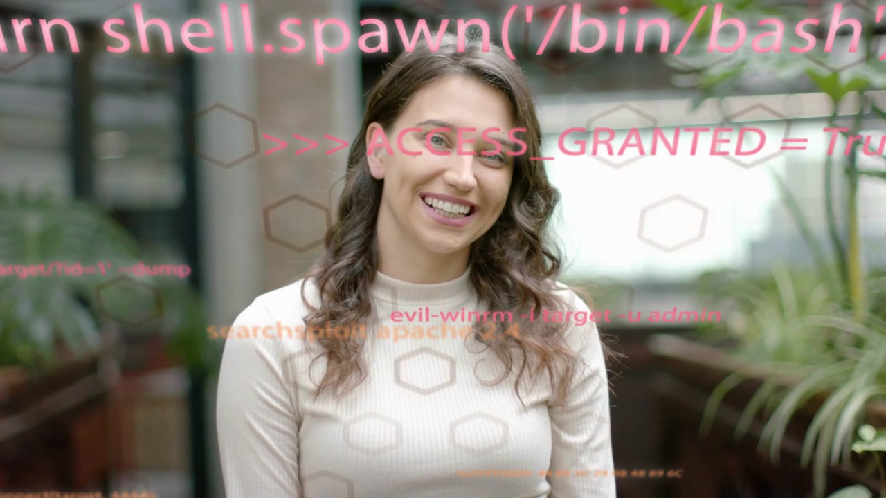 Woman talking smiling leaning in lobby after ACCESS text appearing code clearing to engage viewers