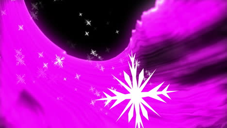 animación de múltiples iconos de copos de nieve flotando sobre ondas digitales púrpuras contra un fondo negro.