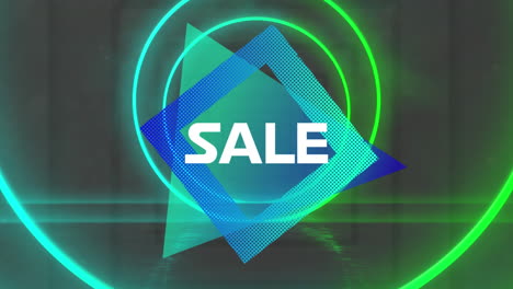 animation of sale text over neon shapes on black background