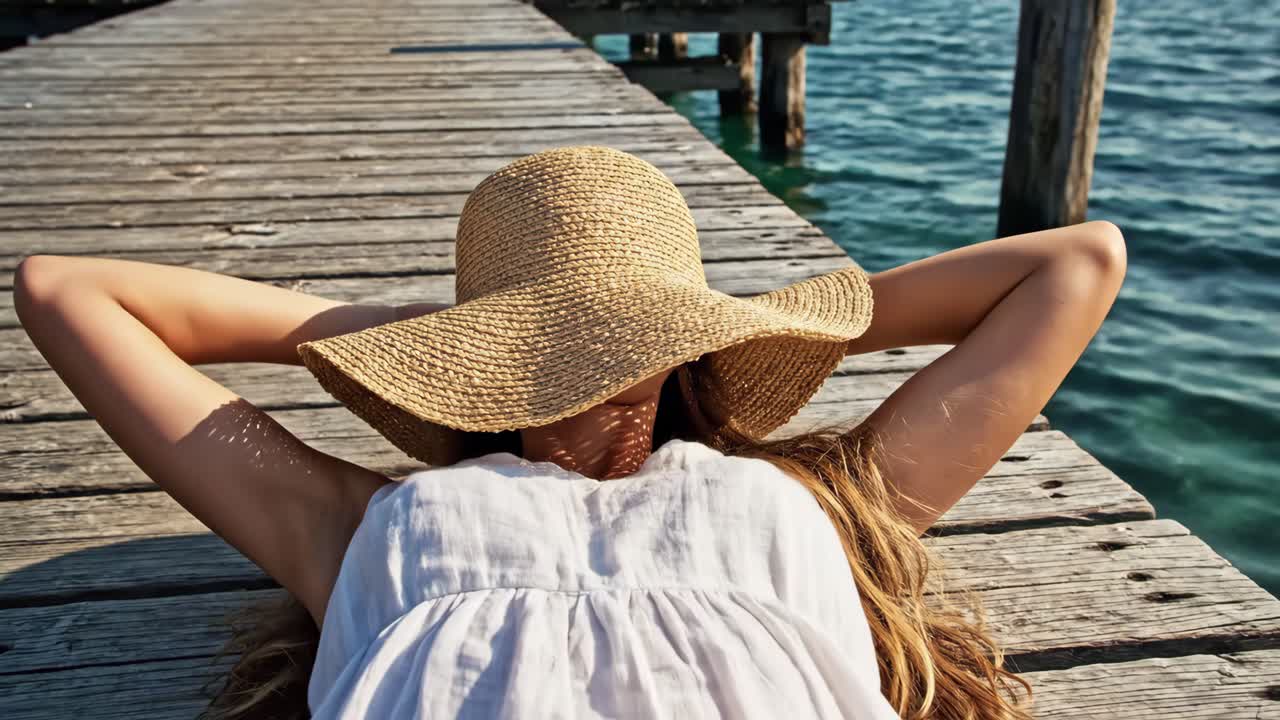 Woman Relaxing on a Wooden Pier by the Sea