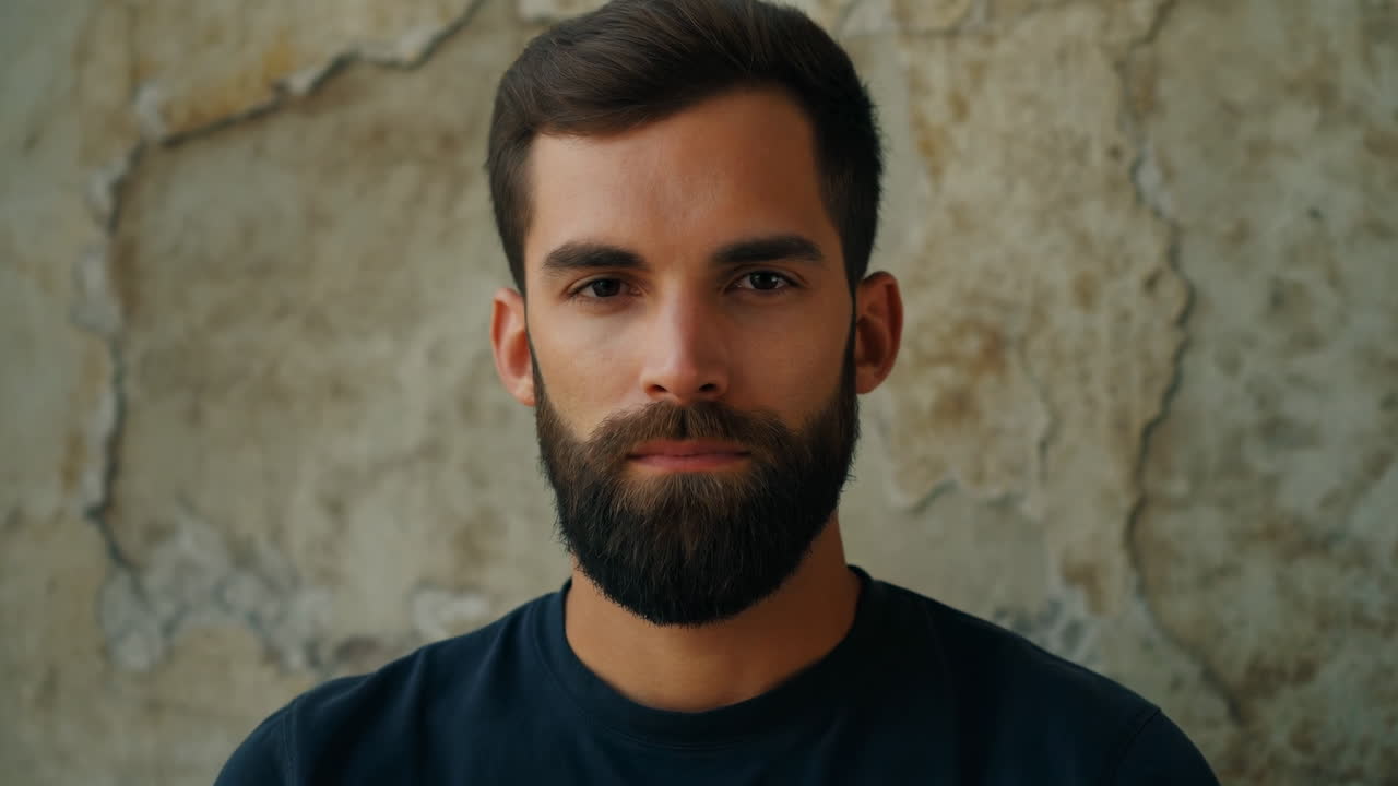 Ritratto in primo piano di un giovane uomo con la barba che guarda in camera.