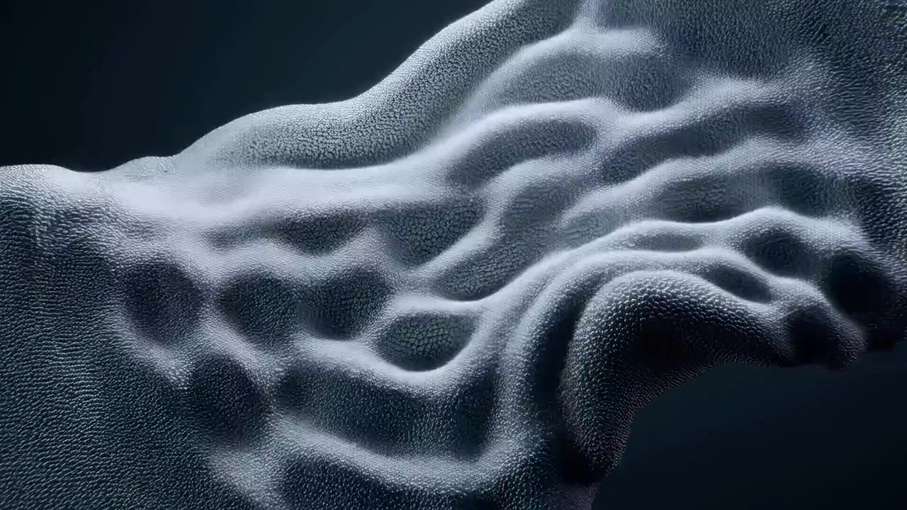 Primo piano di un profilo astratto di volto umano che emerge da una superficie ruvida e granulosa, modellato da una luce direzionale soffusa su uno sfondo scuro. La composizione centrata crea una scena minimalista e suggestiva con forte texture, ombra e forma scultorea.