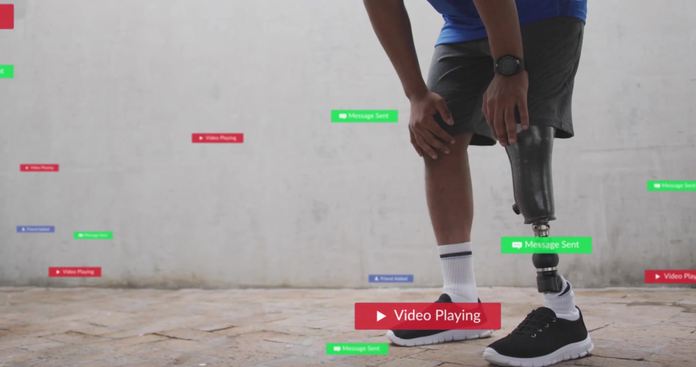 Animation of notification bars over african american man with prosthetic leg standing on path