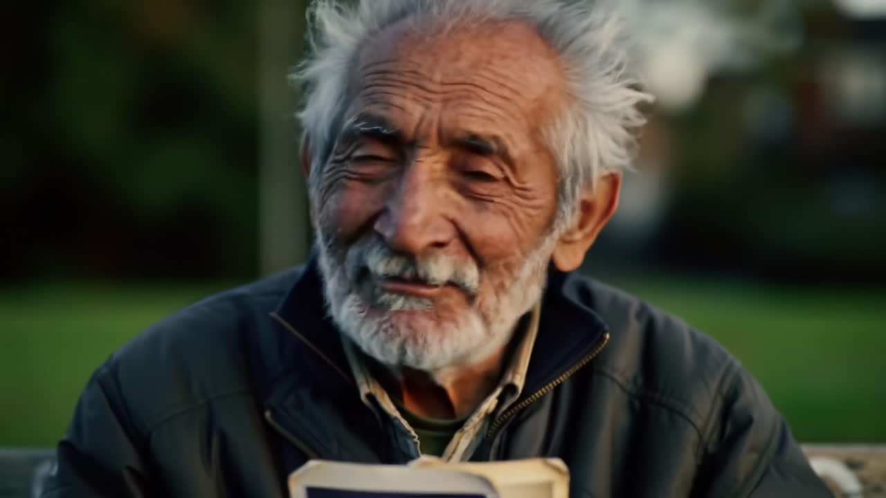 Heartwarming Moments of Reflection: An Elderly Man Enjoys a Quiet Afternoon, Delighting in a Book and the Surrounding Nature's Beauty