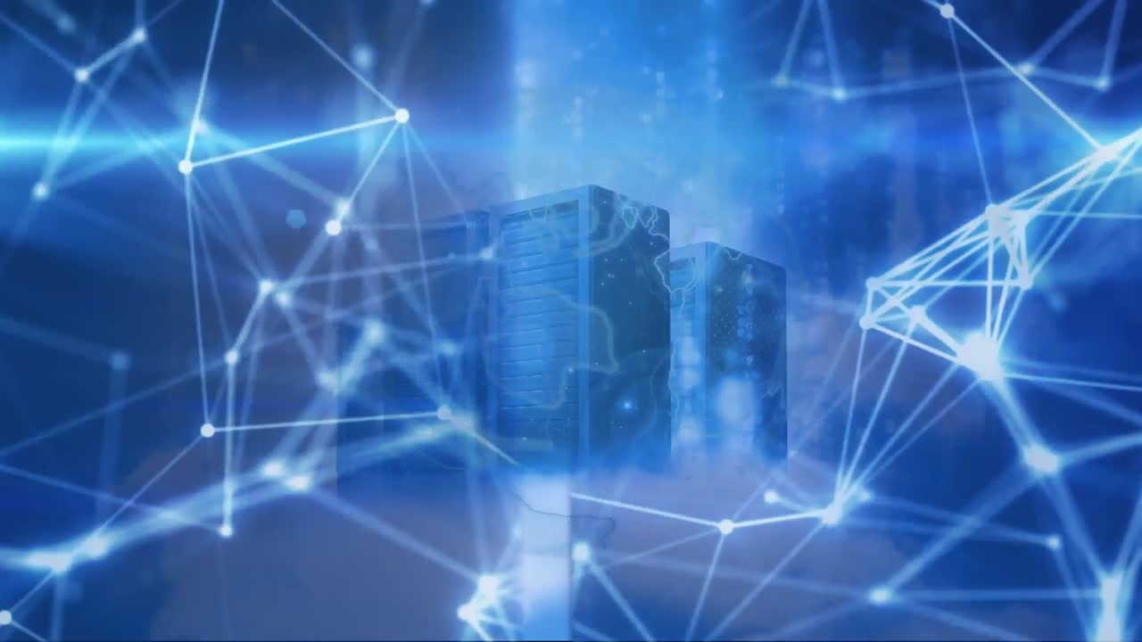 animación de formas en movimiento y globo sobre la sala del servidor