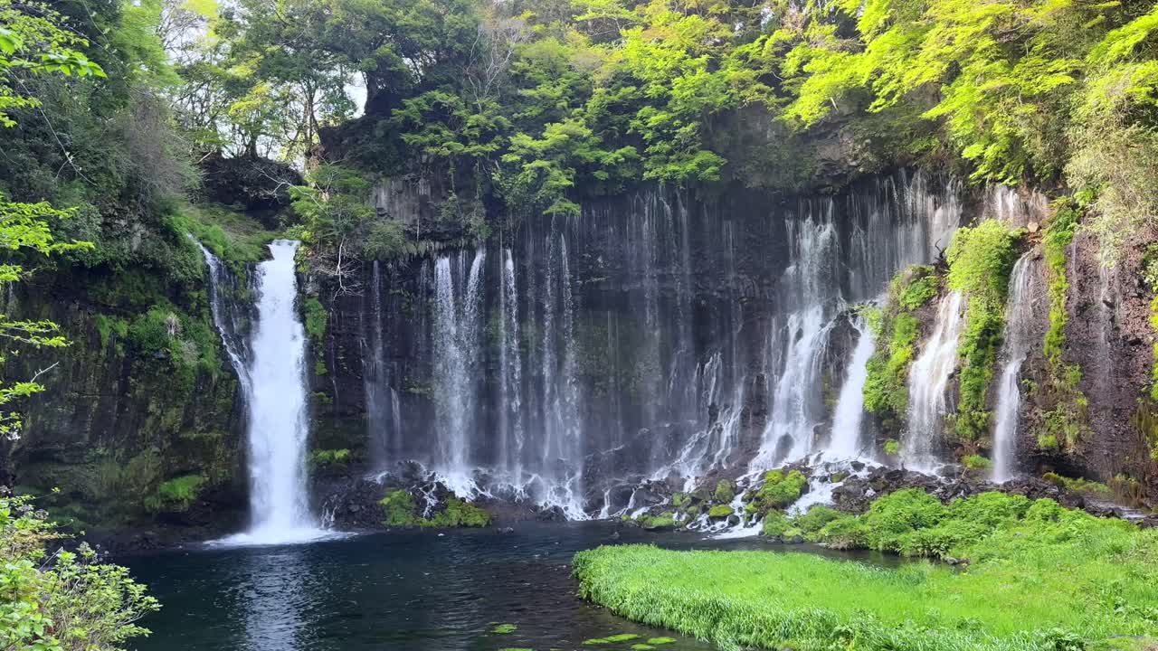 Serene view of Shiraito Falls, cascading water surrounded by lush greenery near Mount Fuji