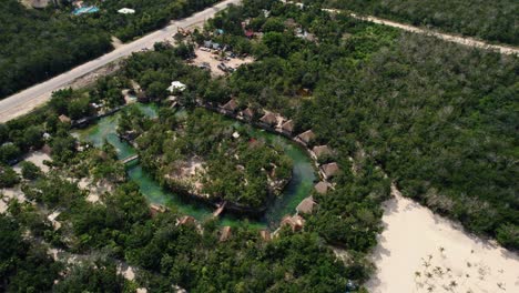 Orbit-Drone-shot-Panoramic-view-of-Zamna-hotel-resort-in-Mexico