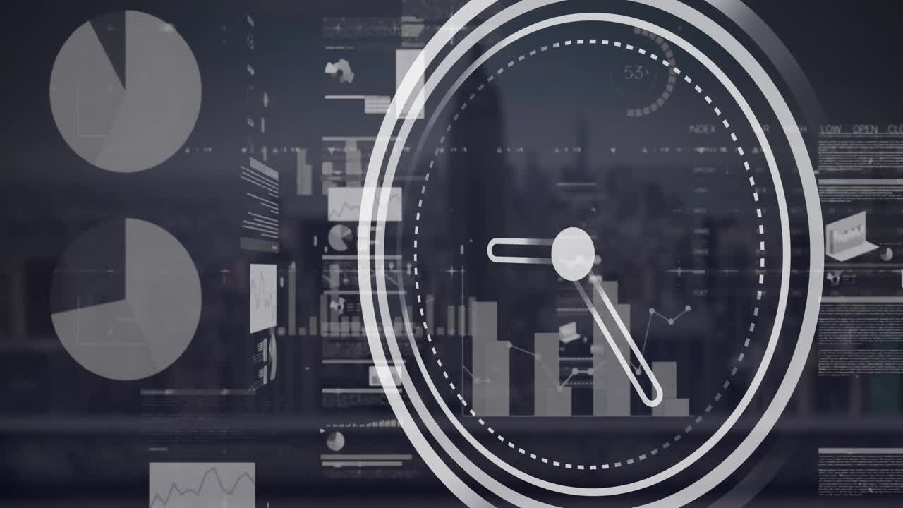 Animation of digital data processing over clock icon