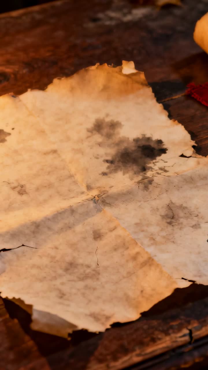 Video verticale: Incorniciando pergamena invecchiata su una scrivania rustica di legno, una mano che si allunga per prendere una pergamena avvolta in rosso