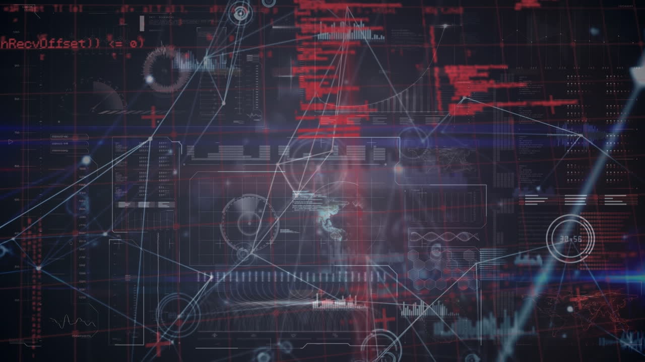 animación del procesamiento de datos financieros y la red de conexiones sobre fondo negro