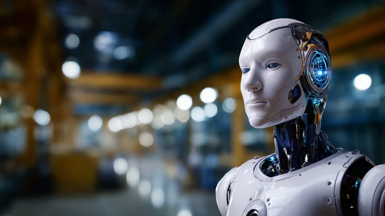 Futuristic humanoid robot design showcasing advanced artificial intelligence features in a modern industrial setting with a blurred background of machinery and technology