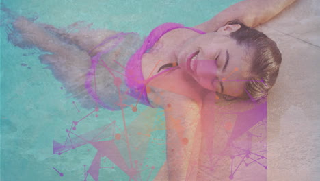relaxing in pool, woman in pink swimsuit with abstract geometric animation overlay