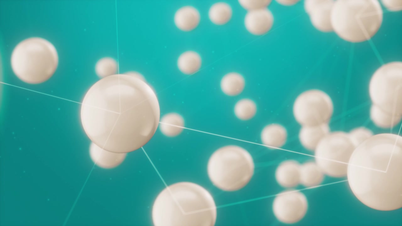 Animation 3D de haute qualité de perles blanches brillantes et de bulles flottant dans l'espace. Fond dégradé avec mise au point sélective douce, idéal pour les cosmétiques de luxe, la structure cellulaire scientifique ou un abstrait de lait, 4K.