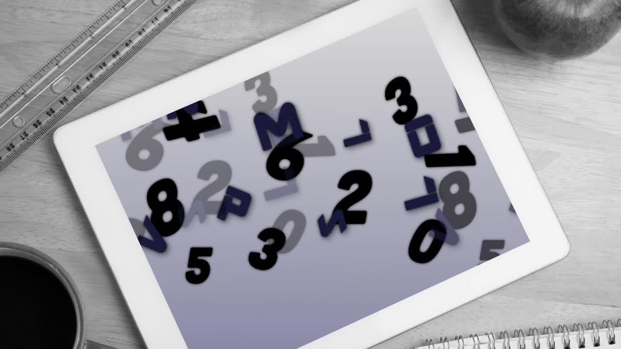 Digital animation of multiple numbers and alphabets on screen on digital tablet on wooden surface
