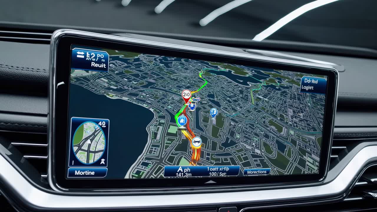 Close-up of a car's dashboard GPS screen displaying a 3D city map