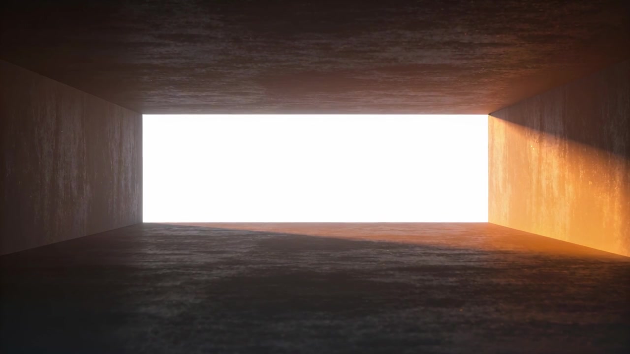 Shifting sunlight through bright aperture casting warm wedge on right wall inside concrete shaft
