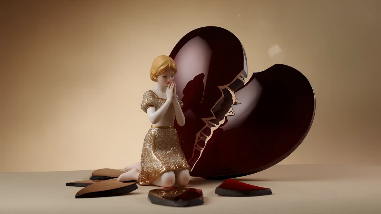 Emerging golden sparkles drifting around heart sculpture and figurine in studio highlighting crack
