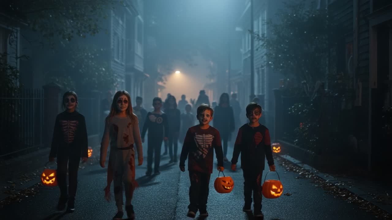 A Spooky Night Out: Children Dressed as Skeletons and Ghosts Celebrate Halloween while Carrying Jack-o'-Lanterns Through a Foggy Street Under the Moonlight