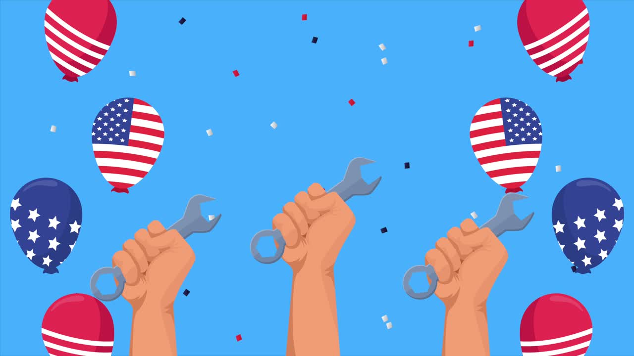 휴일 축하: 손으로 기기 키와 미국 발을 풍선 헬으로