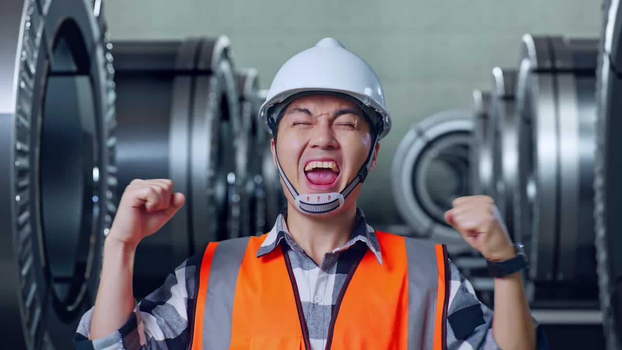 안전 헬을 입은 아시아 남성 엔지니어가 금속 공장에서 일하는 것을 축하하는 목표를 외치고 있습니다.