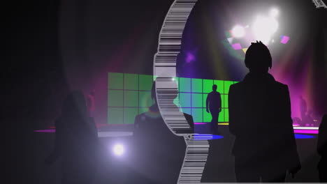 Silhouettes dancing under purple and green spotlights, LED grid glowing amid foggy nightclub scene