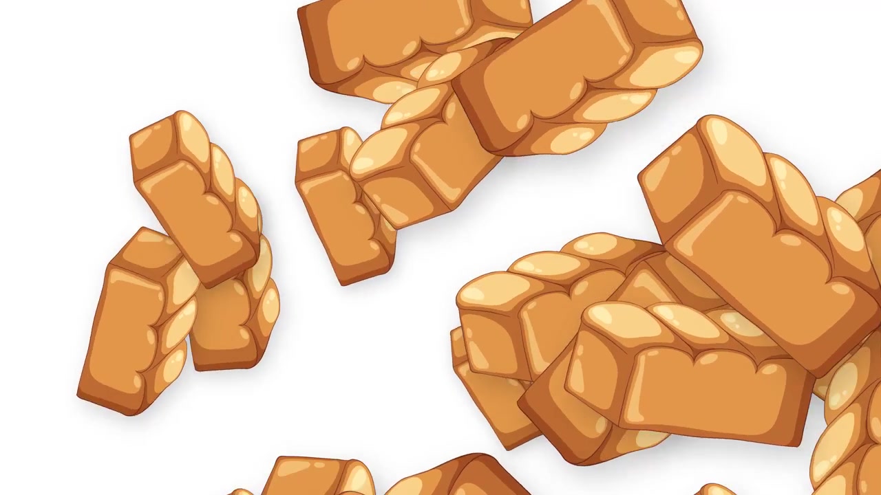 Pagnotte di pane e trecce di pane in stile cartone animato che esplodono e fluttuano su uno sfondo bianco pulito.