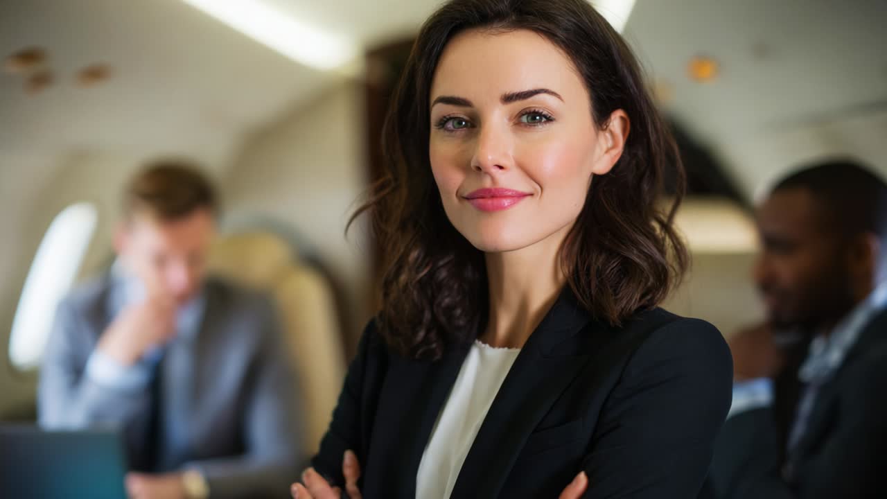 Imprenditrice sicura di sé in jet privato: professionista elegante in abbigliamento da ufficio, composta e pronta al successo tra i colleghi nella lussuosa cabina dell'aereo, esempio di leadership e carisma