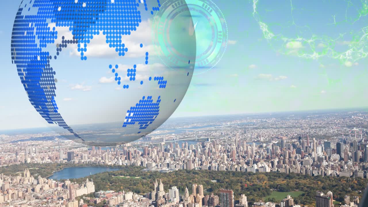 디지털 두뇌의 애니메이션, 시계를 움직이고 도시 풍경 위의 지구