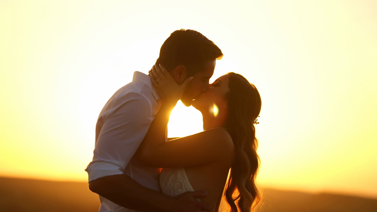 Sunset Couple Kissing In Silhouette Golden Hour Backlight, Engaged Bride And Groom Embracing On Hilltop, Warm