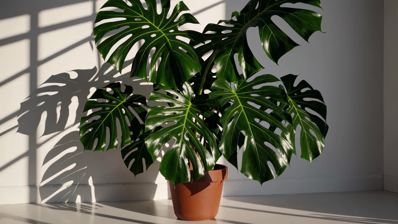 Plano desde ángulo bajo de una planta monstera proyectando sombras sobre una pared blanca, perfecto para un ambiente sereno