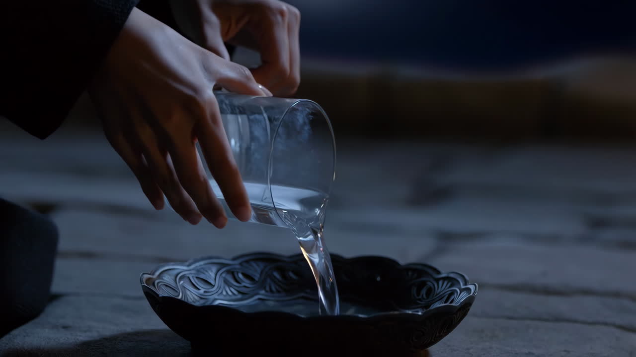 Person pouring water from a glass into a decorative bowl