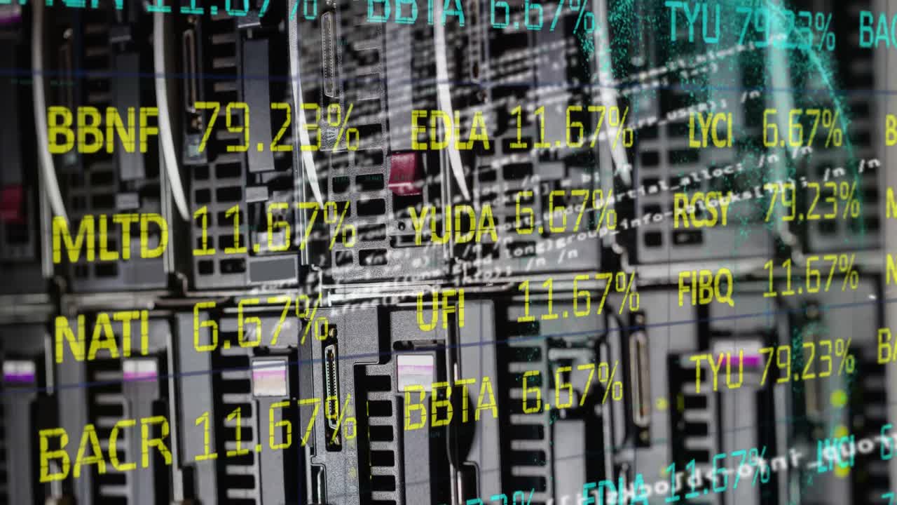 Animation of data processing and stock market over server room