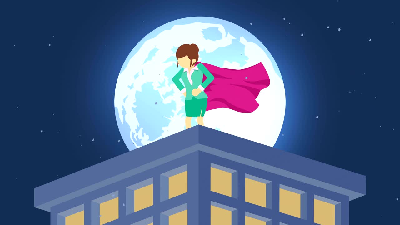 супергерой в городе лунного света. стоящий над небоскребом. символ бизнес-женщины. лидерство и концепция вызова. комическая циклная анимация.