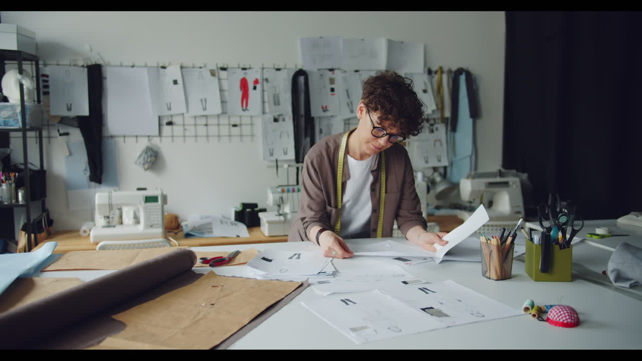 Fashion Designer Working on Designs in Studio