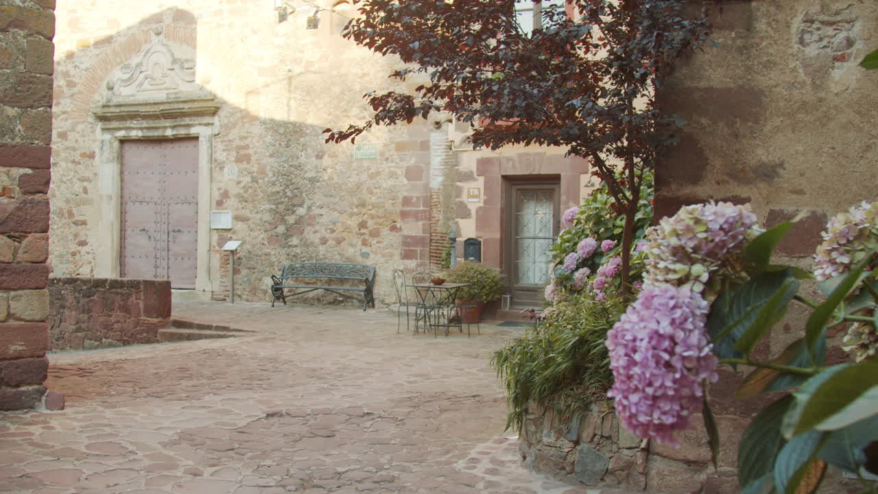 entrada de una iglesia en un pequeño pueblo rural en españa con algunas flores