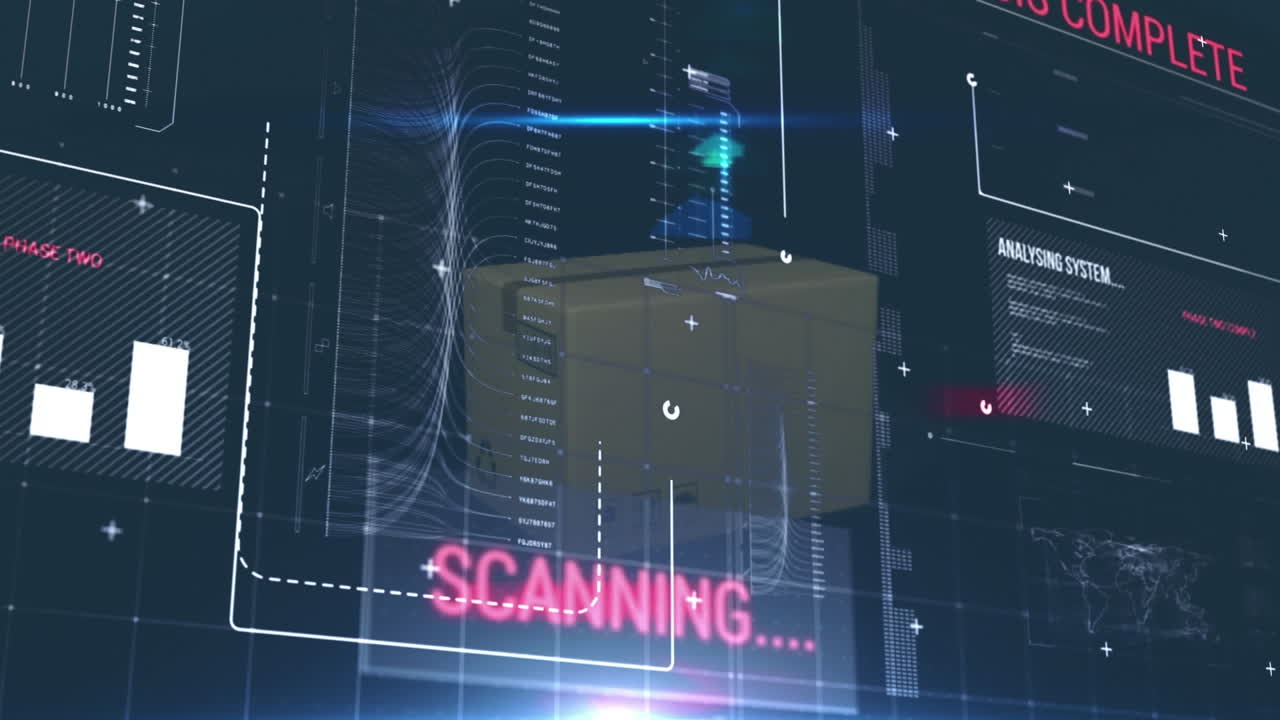 Animation of data processing over cardboard box