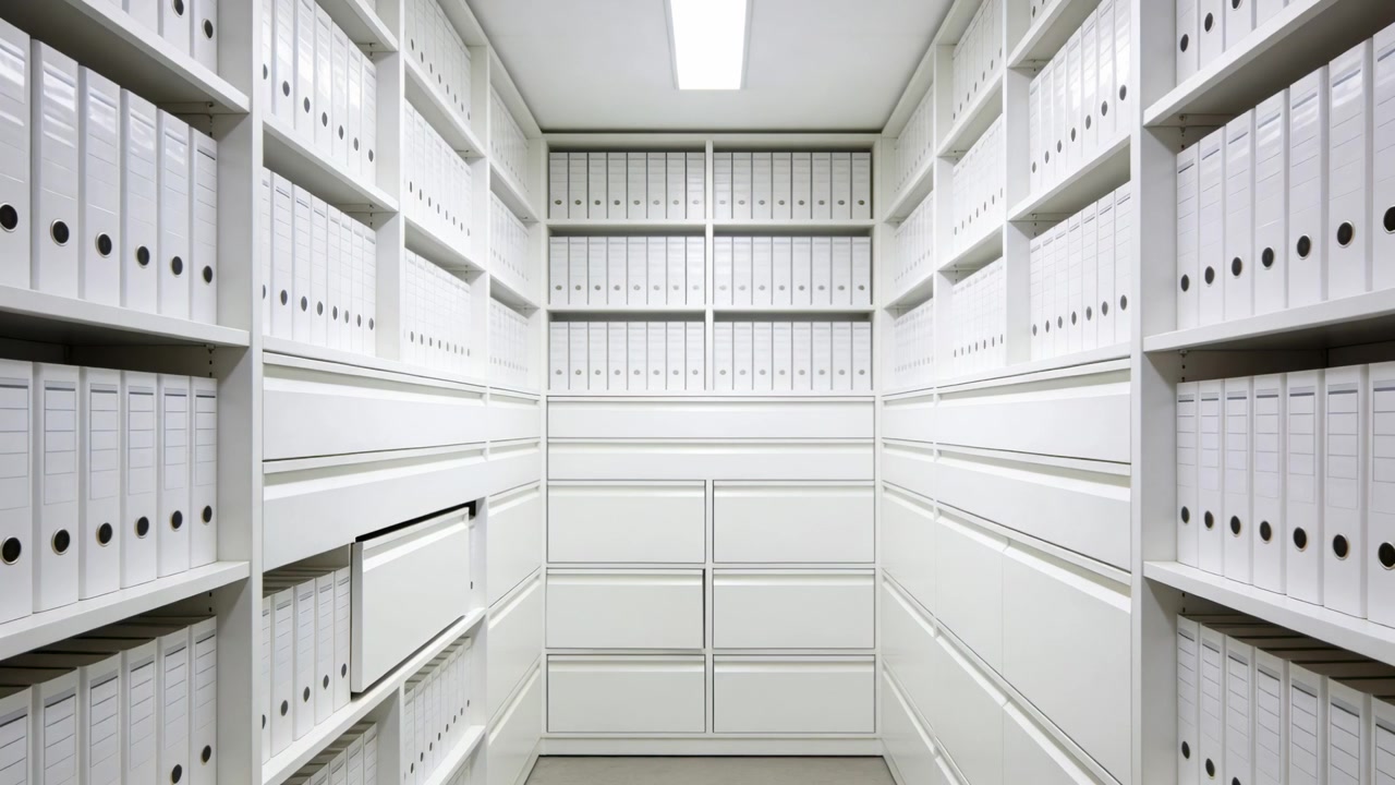 Sliding central shelf moving out then closing in archive when lever pulled, accessing white binders
