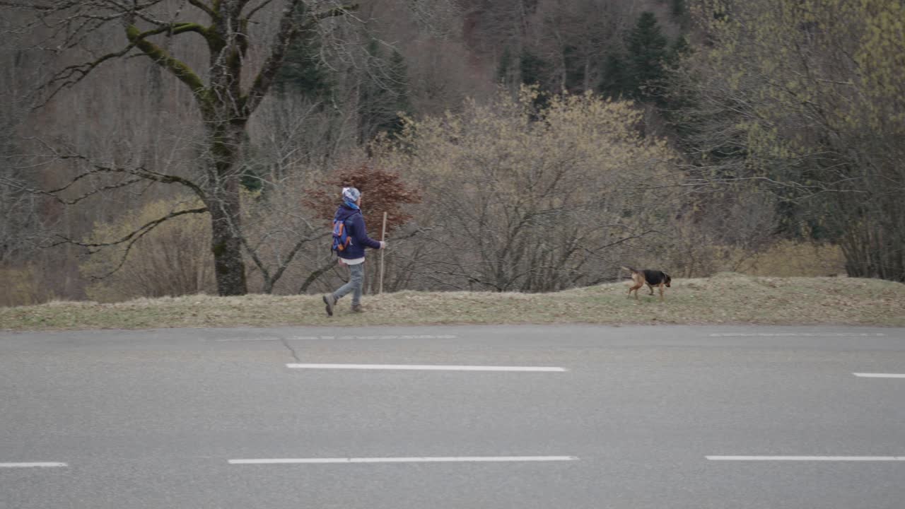 Hiker with dog on a mountain road
