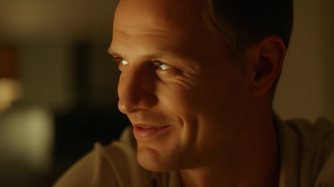 Smiling adult man turning head toward off-frame voice at home by warm lamp, wearing light shirt