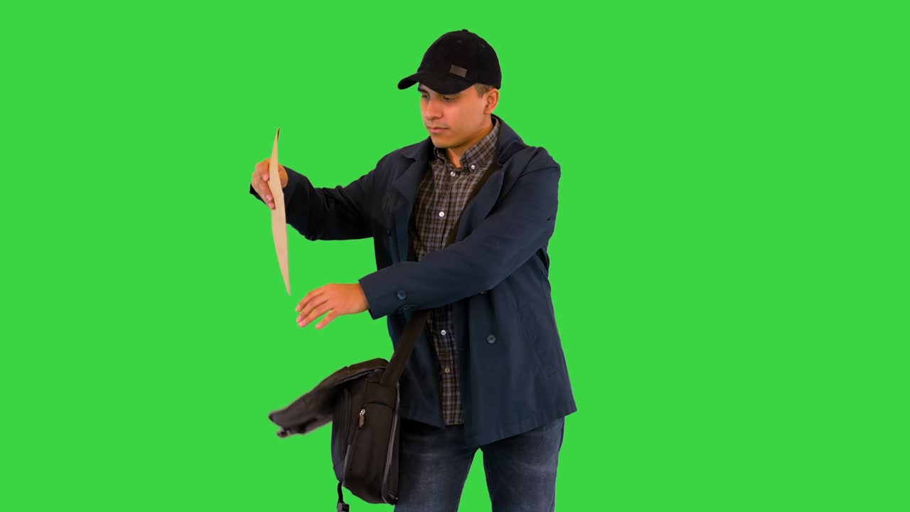Fattorino o postino latino-americano che arriva dal cliente consegnando una lettera al destinatario con un sorriso felice su uno schermo verde, Chroma Key
