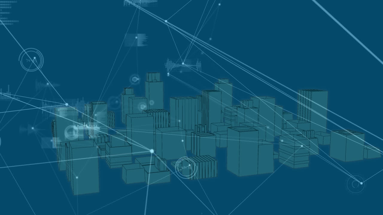 Animation of network of connections and data processing over city on blue background
