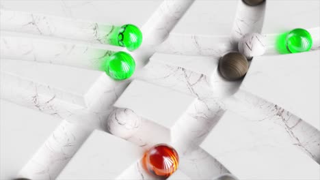 colored balls roll around the white marble labyrinth. white, orange, green, black sphere. 3d animation of seamless loop