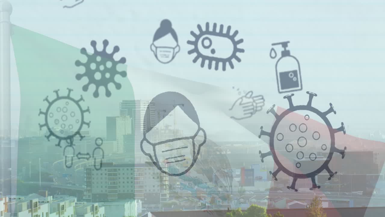 Animación de iconos de coronavirus y bandera de Francia sobre un paisaje urbano.