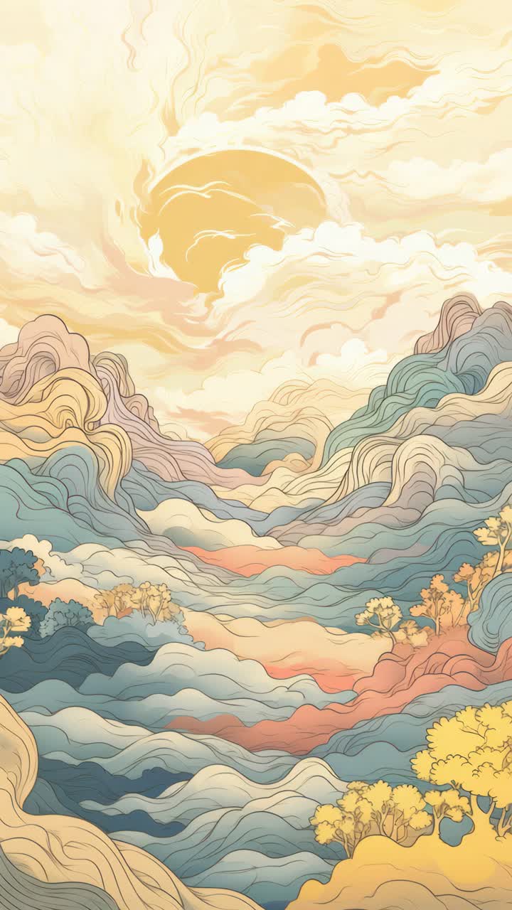 Surreal landscape illustration with flowing lines and pastel colors, depicting mountains and a sun