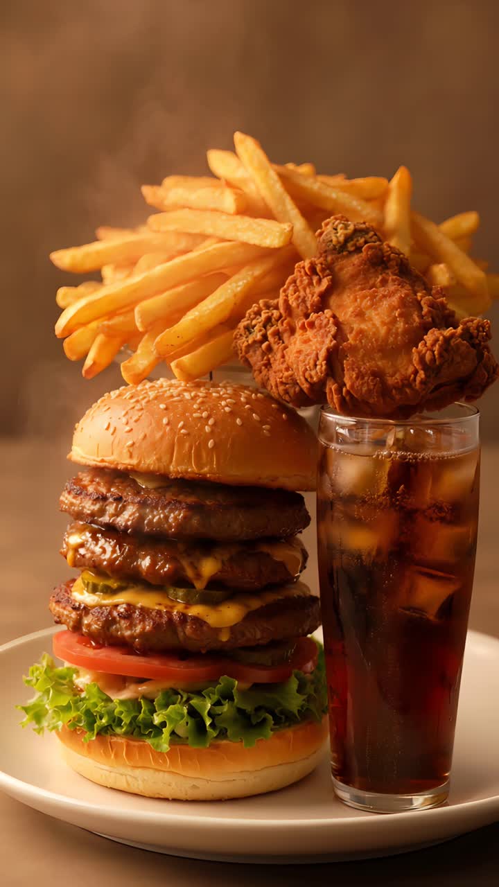 Burger 4K Fast Food with Crispy Fried Chicken and French Fries Cinematic Background